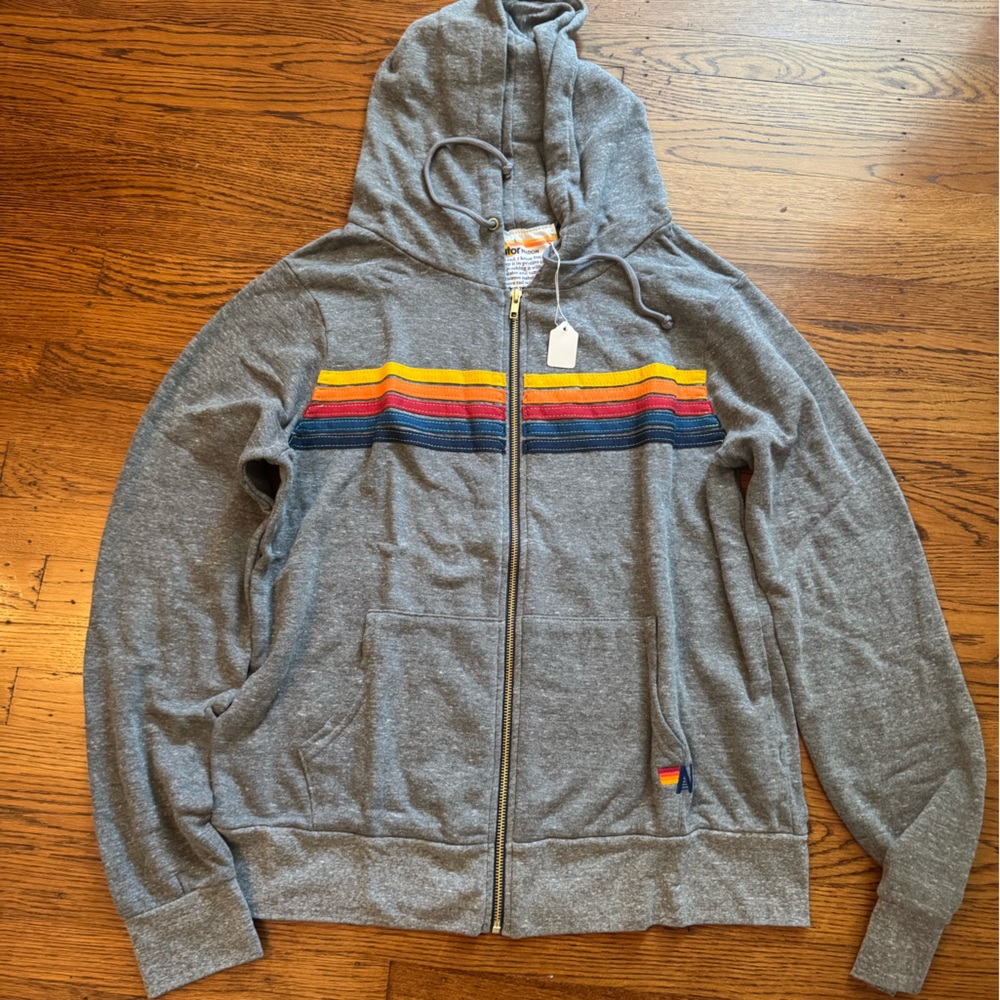 NWT Aviator Nation Gray Hoodie with Rainbow Stripes - size L